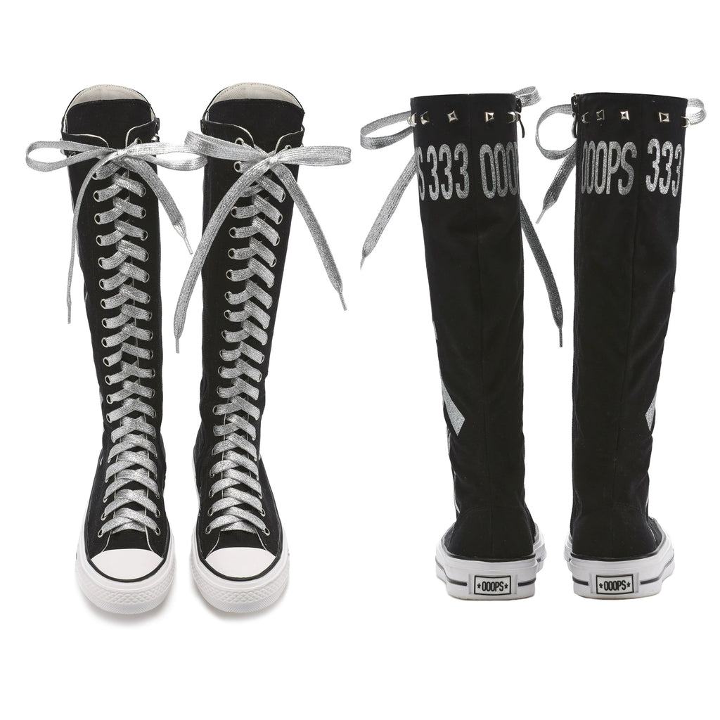 Ooops333 Studded Glitter Canvas Knee-High Lace-Up Boots