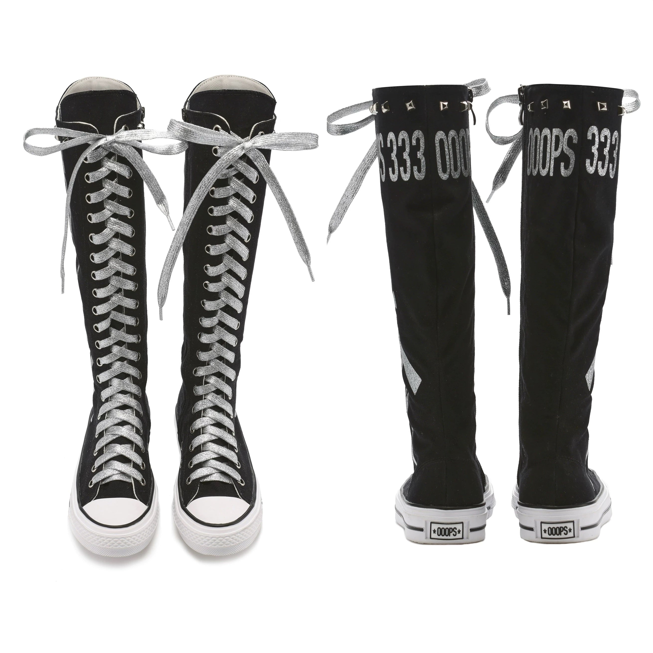Ooops333 Studded Glitter Canvas Knee-High Lace-Up Boots