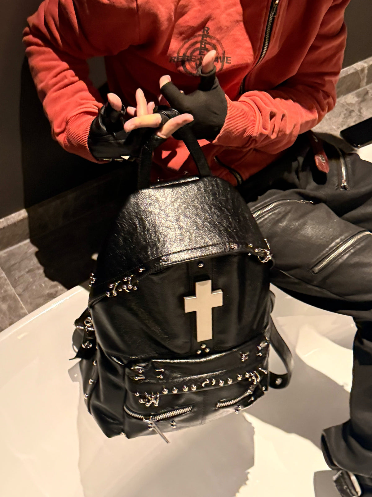 Gothic Cross Cracked Leather Backpack
