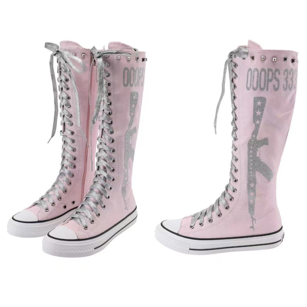 Ooops333 Studded Glitter Canvas Knee-High Lace-Up Boots
