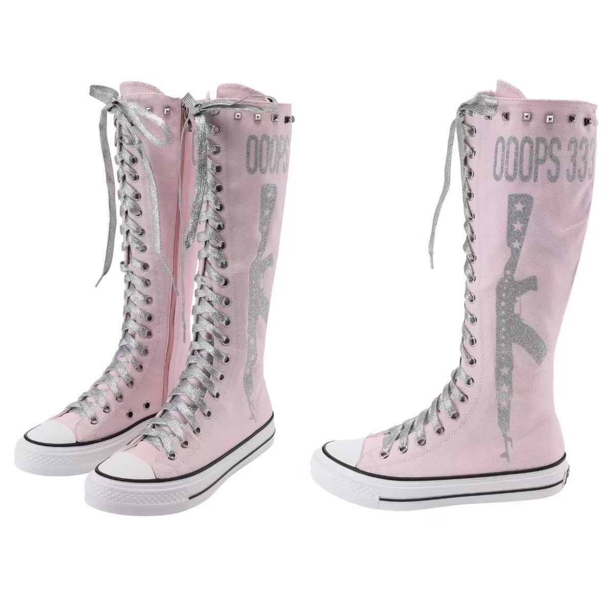 Ooops333 Studded Glitter Canvas Knee-High Lace-Up Boots
