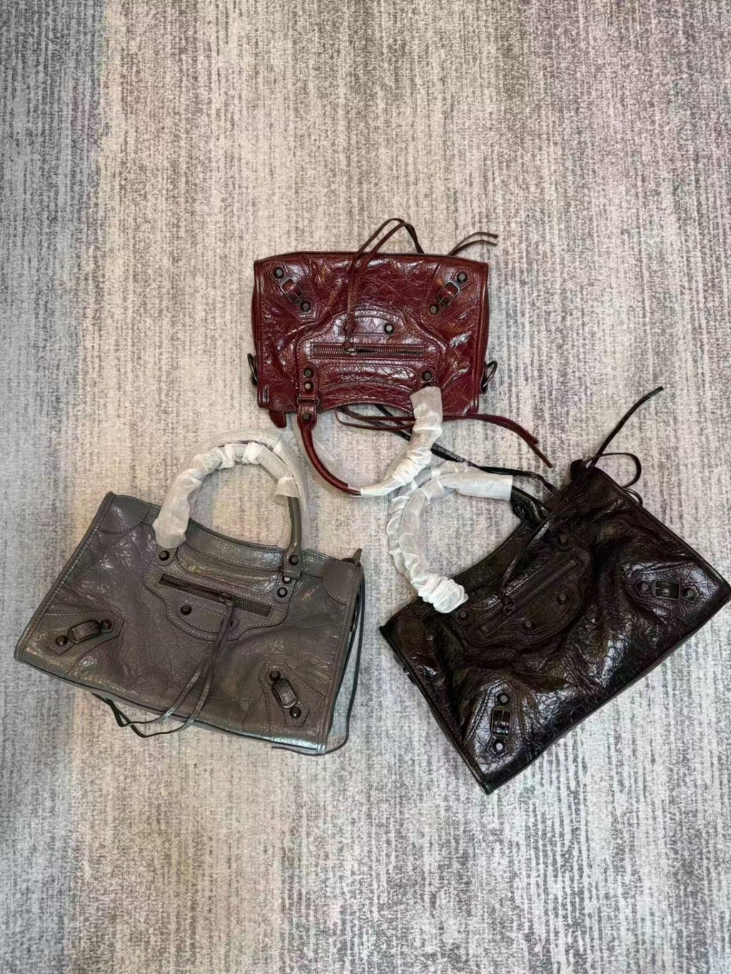Studded Crinkle Leather Motorcycle Tote City Bag