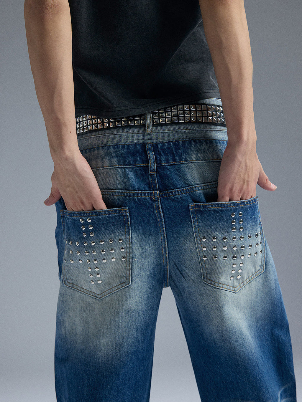 PAIKI Union Jack Rivet Rhinestone Double Waist Ripped Jeans