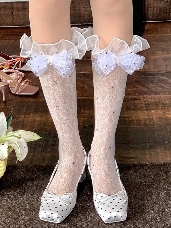 White/Black Sheer Lace Calf Socks with Rhinestone Bow
