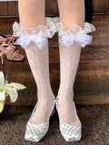 White/Black Sheer Lace Calf Socks with Rhinestone Bow