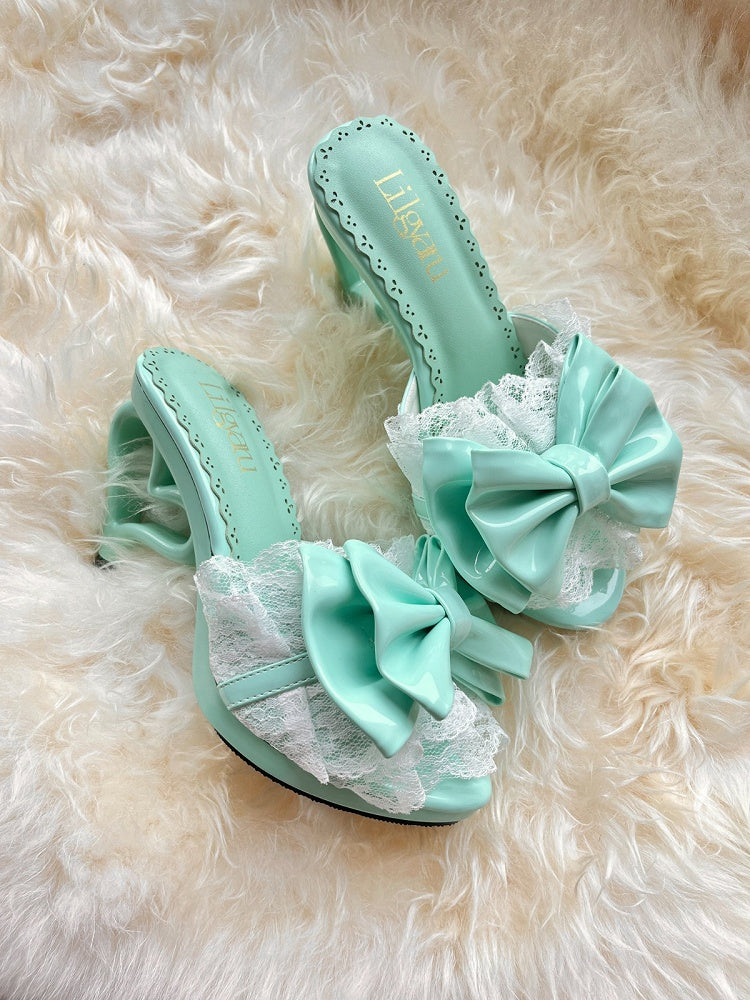 Gyaru Slingback Heels – 9.5cm Heart-Shaped Heel Shoes with Bowknot & Lace in 4 Colors