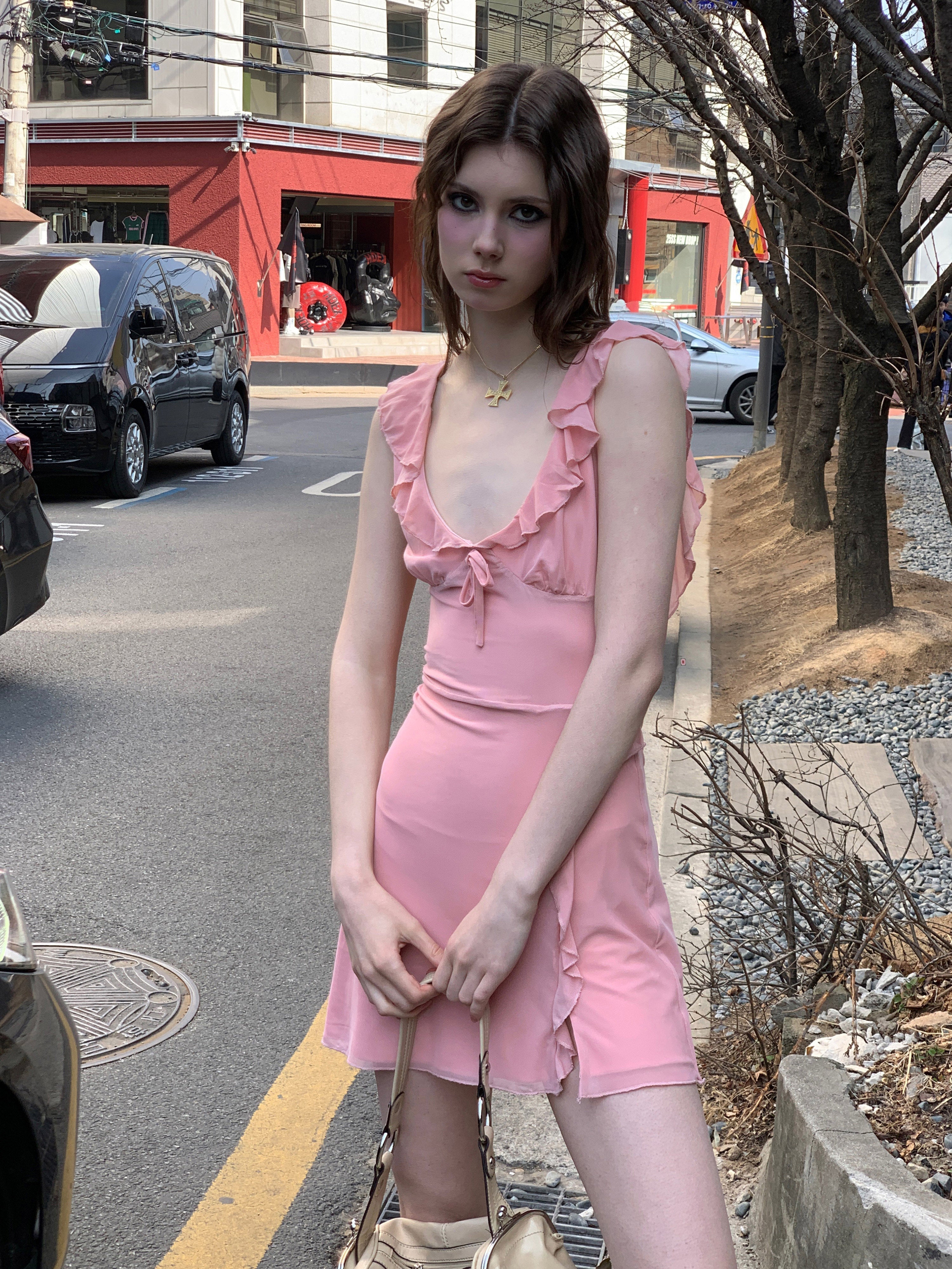 [A00809]Soft Mist Pink Romantic French Dress