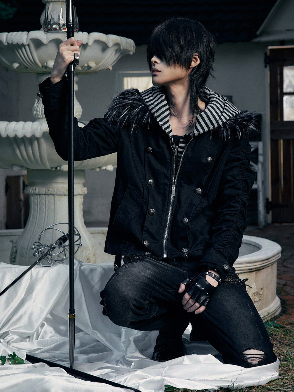 PAIKI "Silent Shadow" Detachable Fur Collar Canvas Double-Breasted Jacket