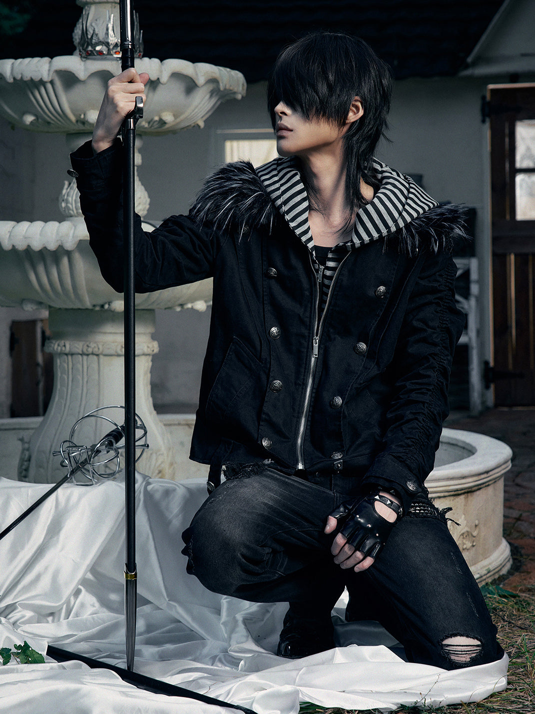 PAIKI "Silent Shadow" Detachable Fur Collar Canvas Double-Breasted Jacket