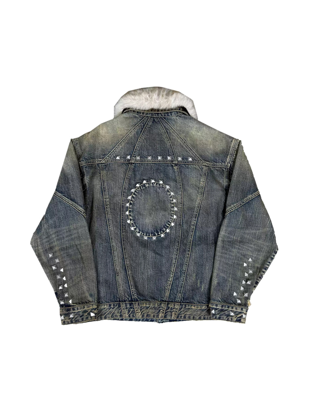 CHAI Studded Washed Denim Jacket With Detachable Fur Collar – Washed Blue