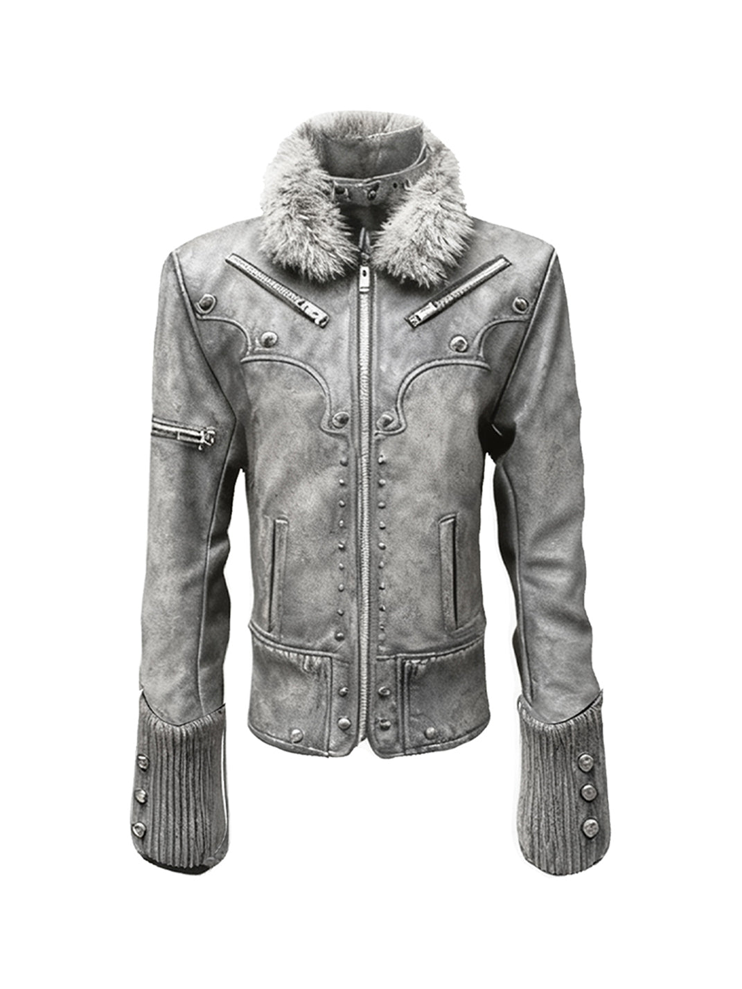 PAIKI Pearl-Washed Leather Jacket with Fur Collar