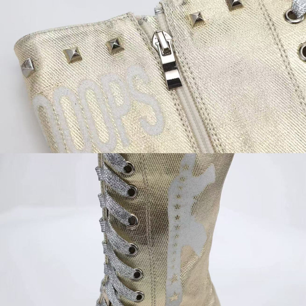 Ooops333 Y2K Studded Glitter Canvas High Top Heels | Metallic Lace-Up Platform Boots
