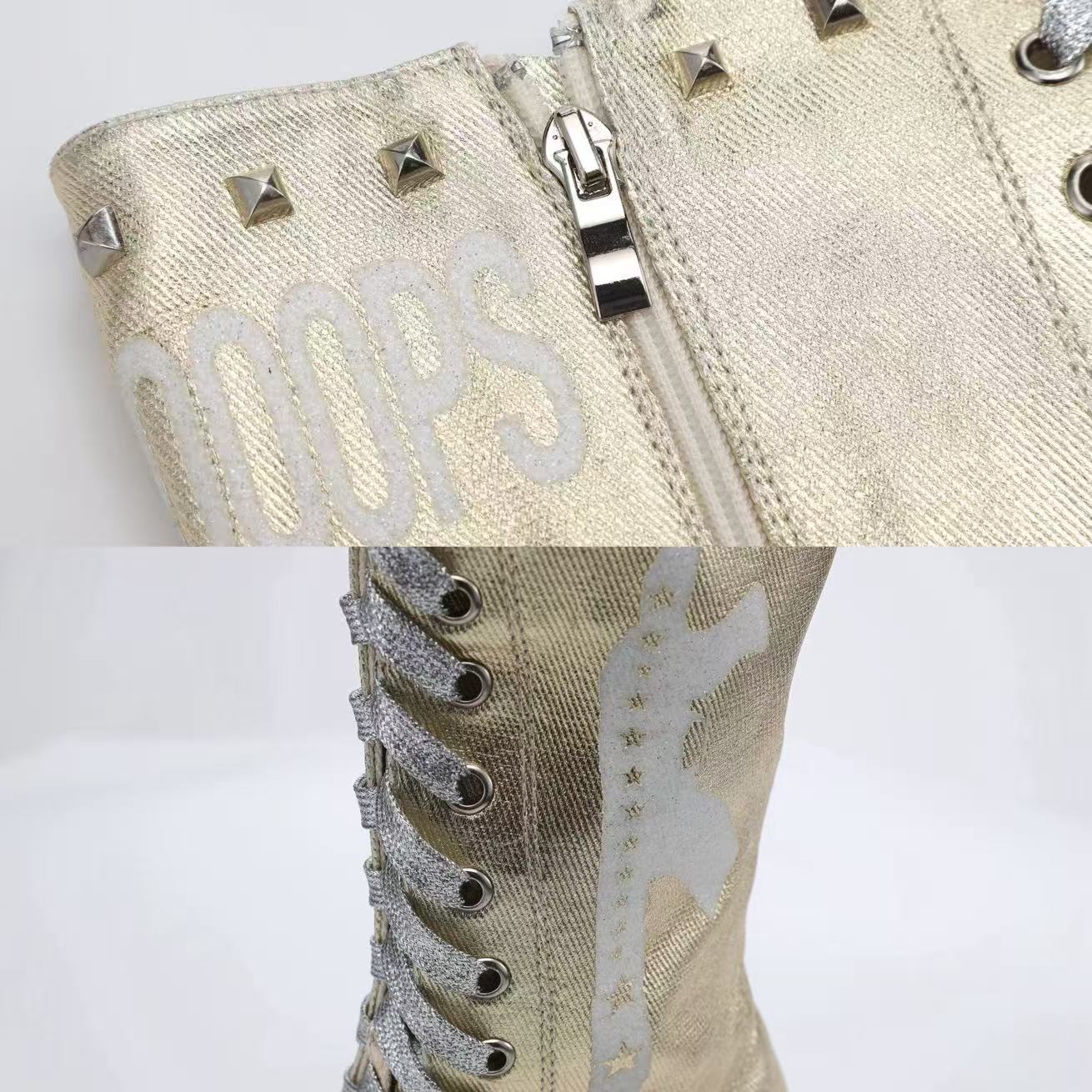 Ooops333 Y2K Studded Glitter Canvas High Top Heels | Metallic Lace-Up Platform Boots
