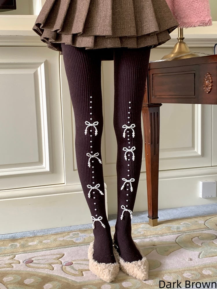 Warm Slim-Fit Tights with Beaded Bowknot Decoration