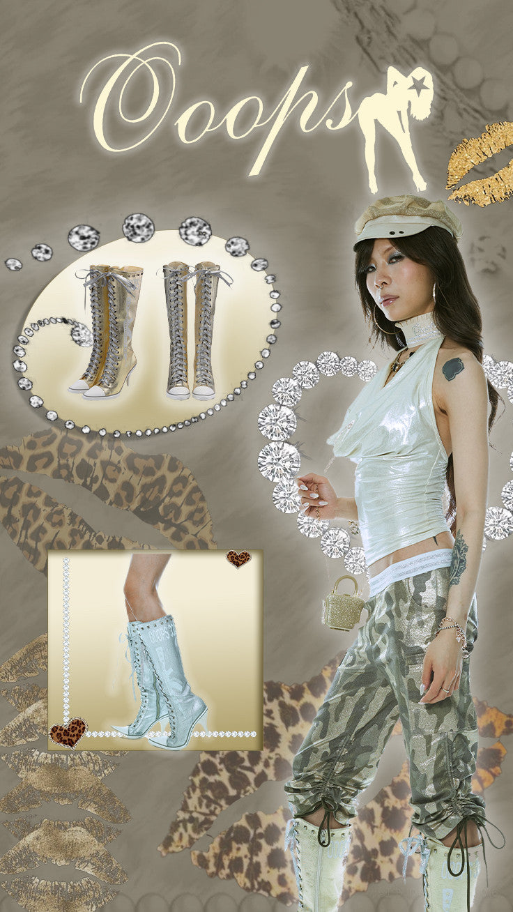 Ooops333 Y2K Studded Glitter Canvas High Top Heels | Metallic Lace-Up Platform Boots