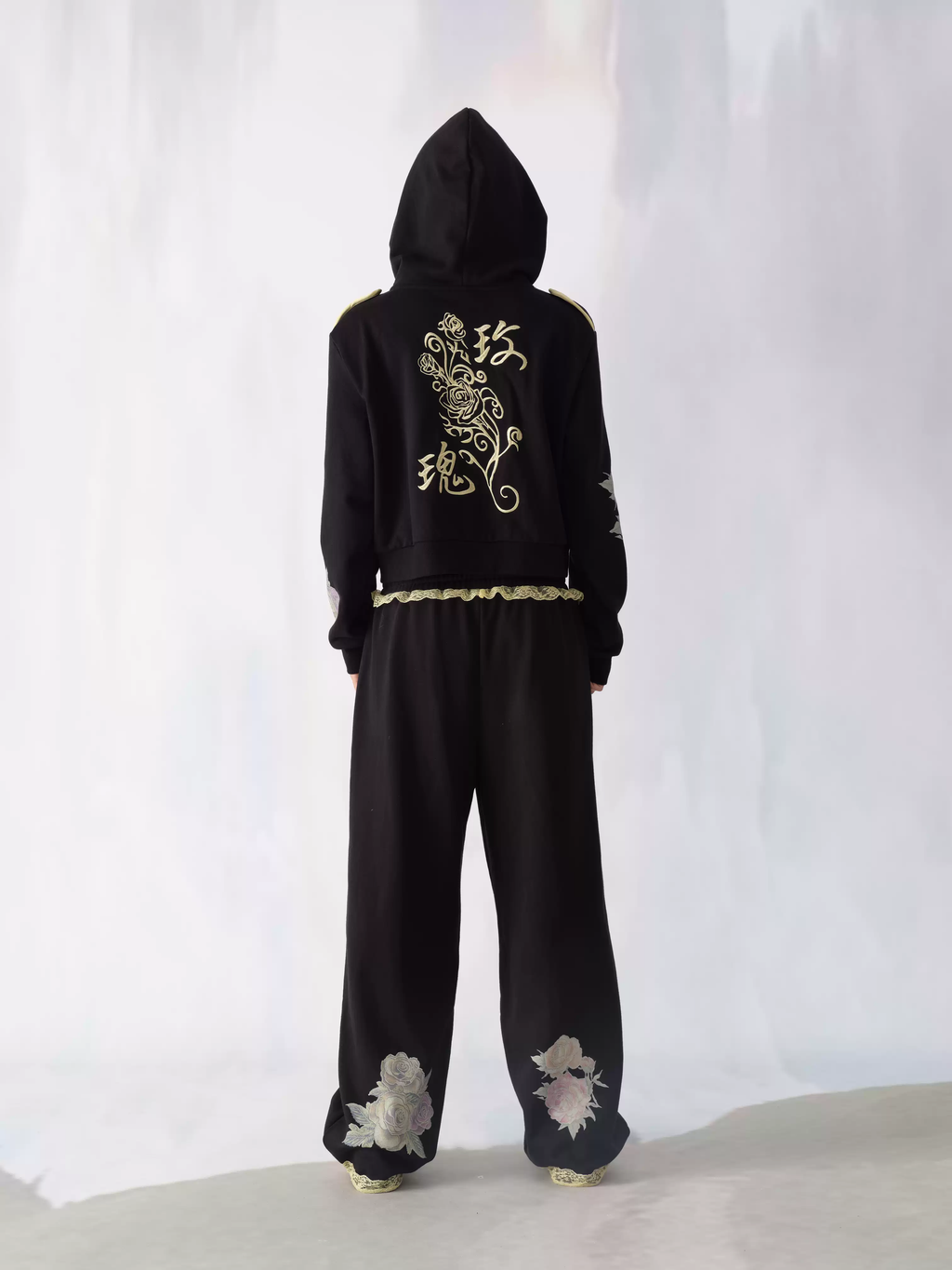 Black Floral Embroidered Sweatpants – "Chai Rebels Destroy" Graphic