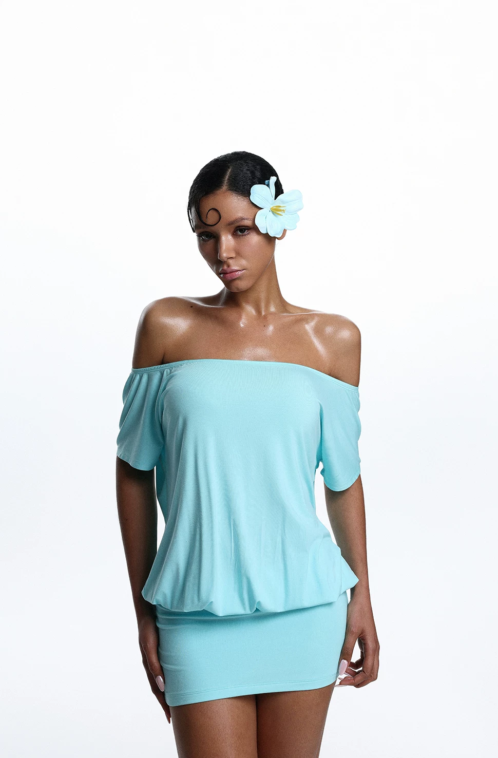 Teal Off-Shoulder Backless Dress