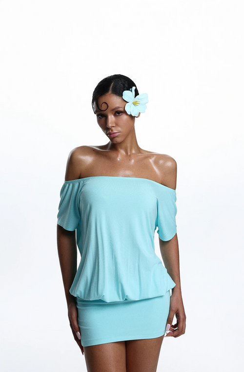 Teal Off-Shoulder Backless Dress
