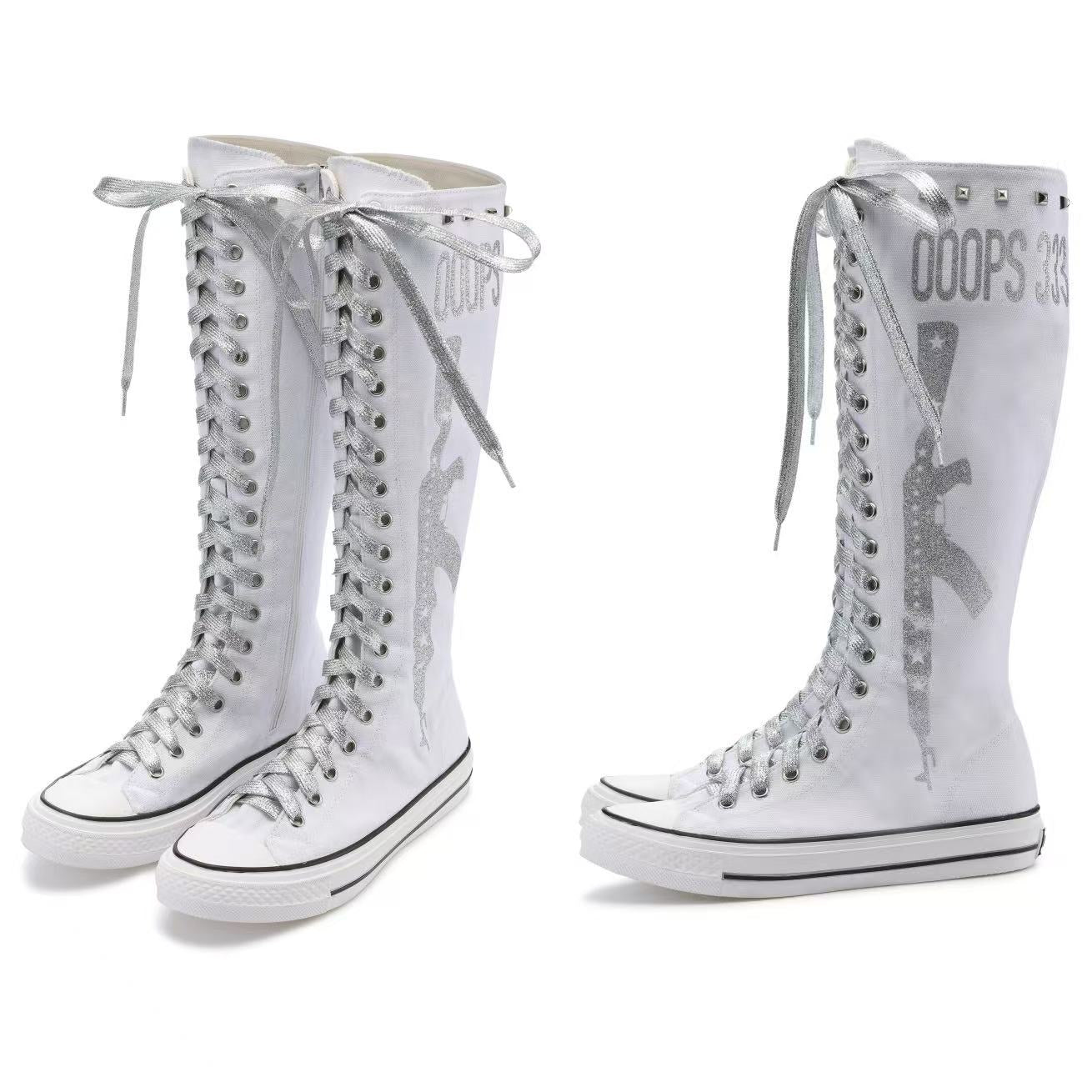 Ooops333 Studded Glitter Canvas Knee-High Lace-Up Boots