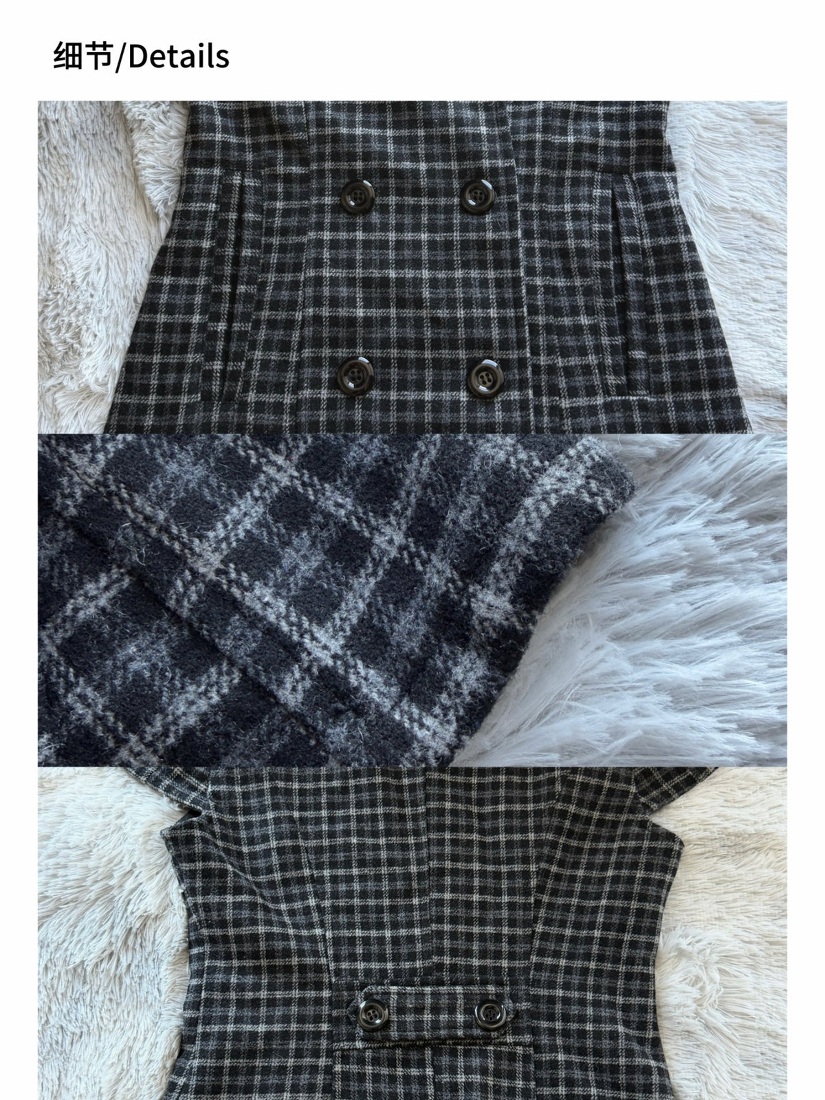 Plaid Wool-Blend Double-Breasted Short-Sleeve Coat – Waist-Cinched Oversized Layering Top