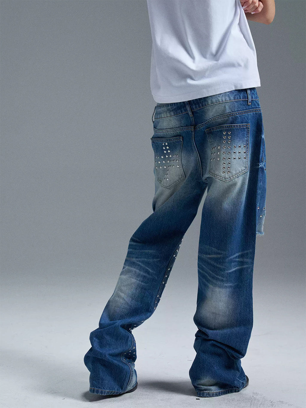 PAIKI Union Jack Rivet Rhinestone Double Waist Ripped Jeans