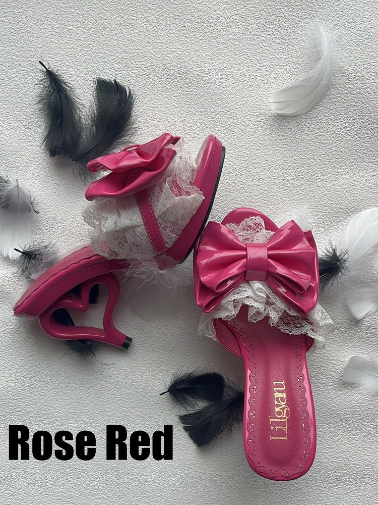 Gyaru Slingback Heels – 9.5cm Heart-Shaped Heel Shoes with Bowknot & Lace in 4 Colors
