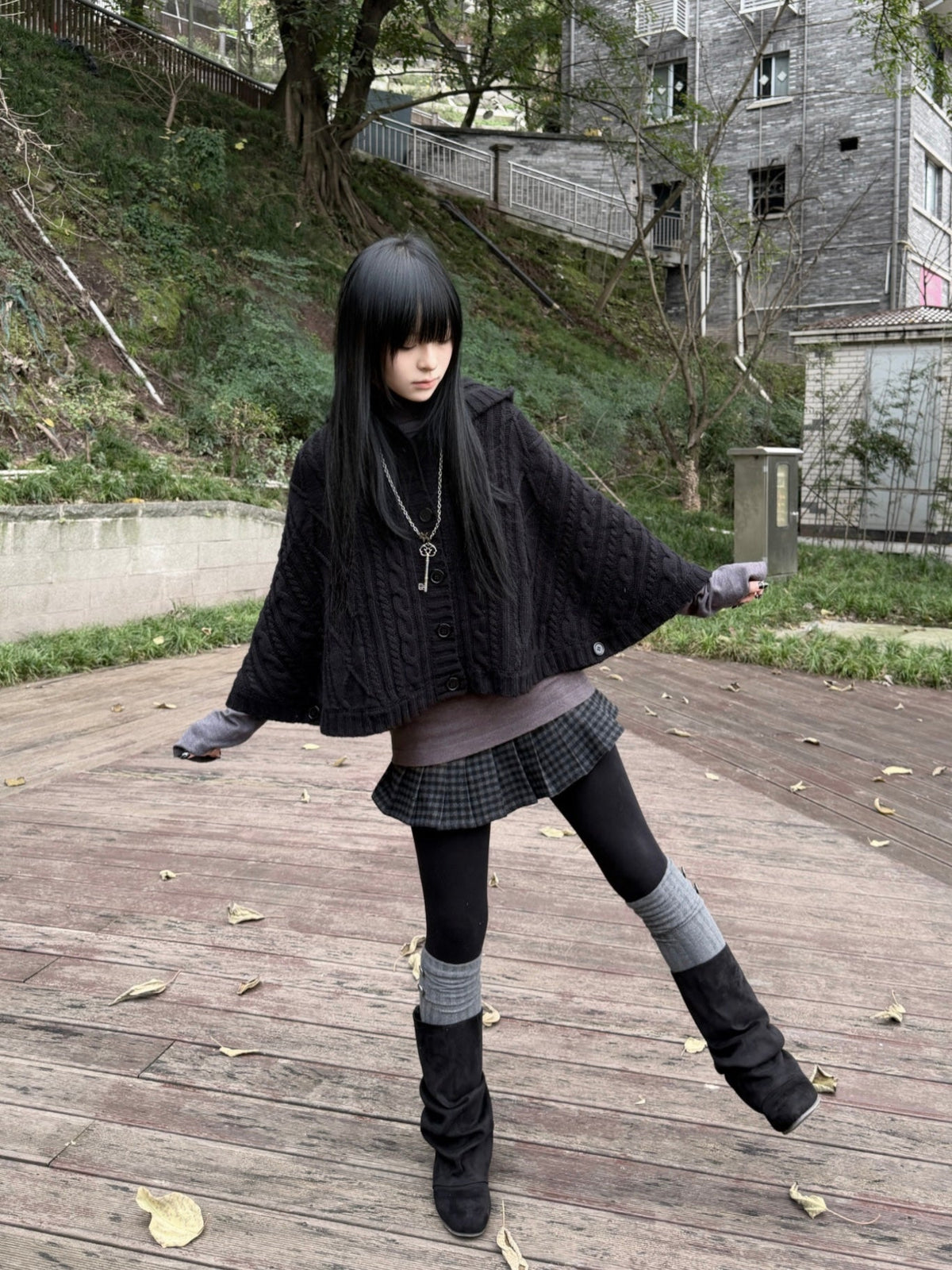 Vintage Knit Hooded Poncho – Batwing Sleeves, Grey & Black Wool Blend