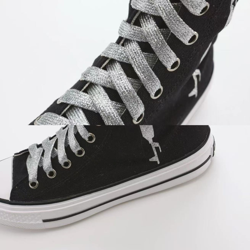 Ooops333 Studded Glitter Canvas Knee-High Lace-Up Boots