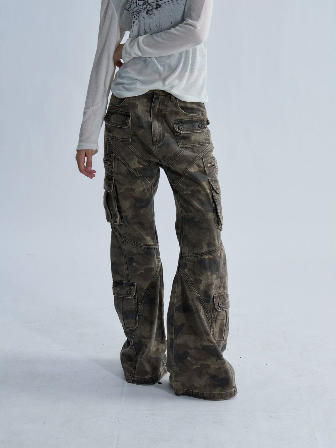 PAIKI Washed Camouflage Multi-Panel Flared Cargo Pants