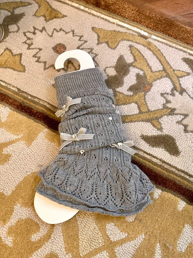 Pointelle Knit Bow & Rhinestone Accent Leg Warmers