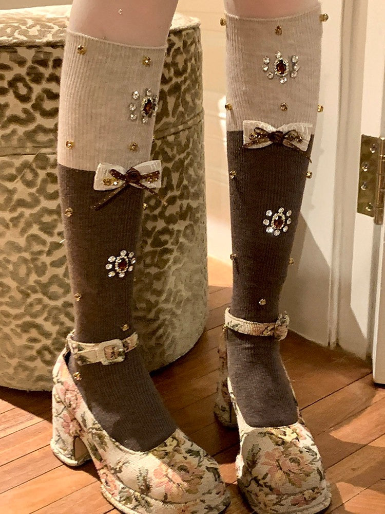 Rhinestone Bow Embellished Knit Calf Socks
