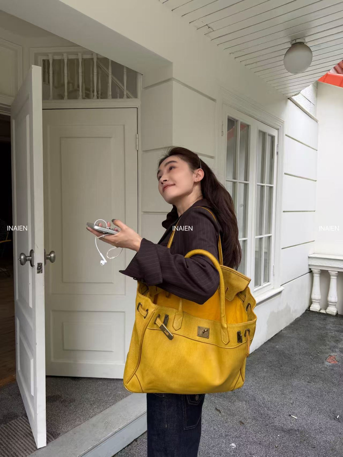 Yellow Water-Dyed Calfskin Vintage Firkin Tote Bag