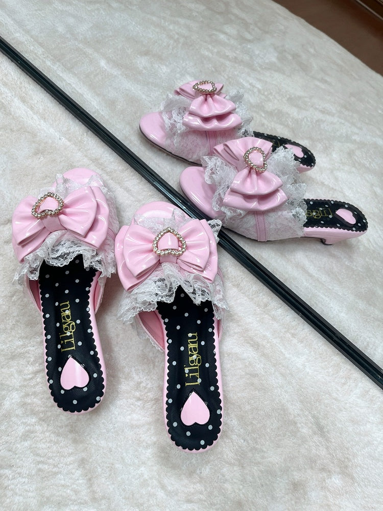 Pink Gyaru Slingback Sandals – 4cm Heel with Bowknot, Lace Trim & Detachable Heart Buckle