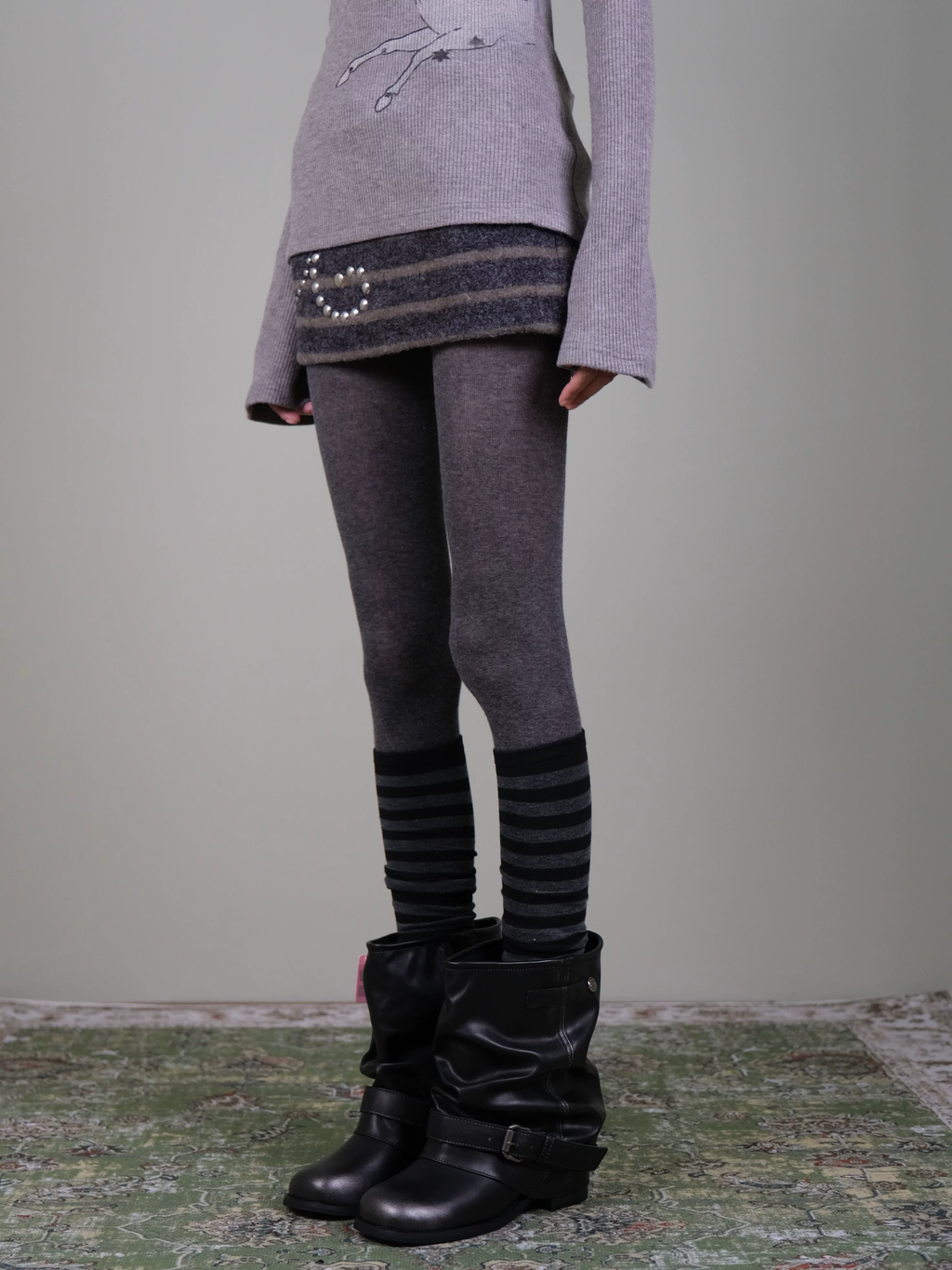 Grey Opaque Tights & Striped Calf Socks Set - Fall Winter Layering Look