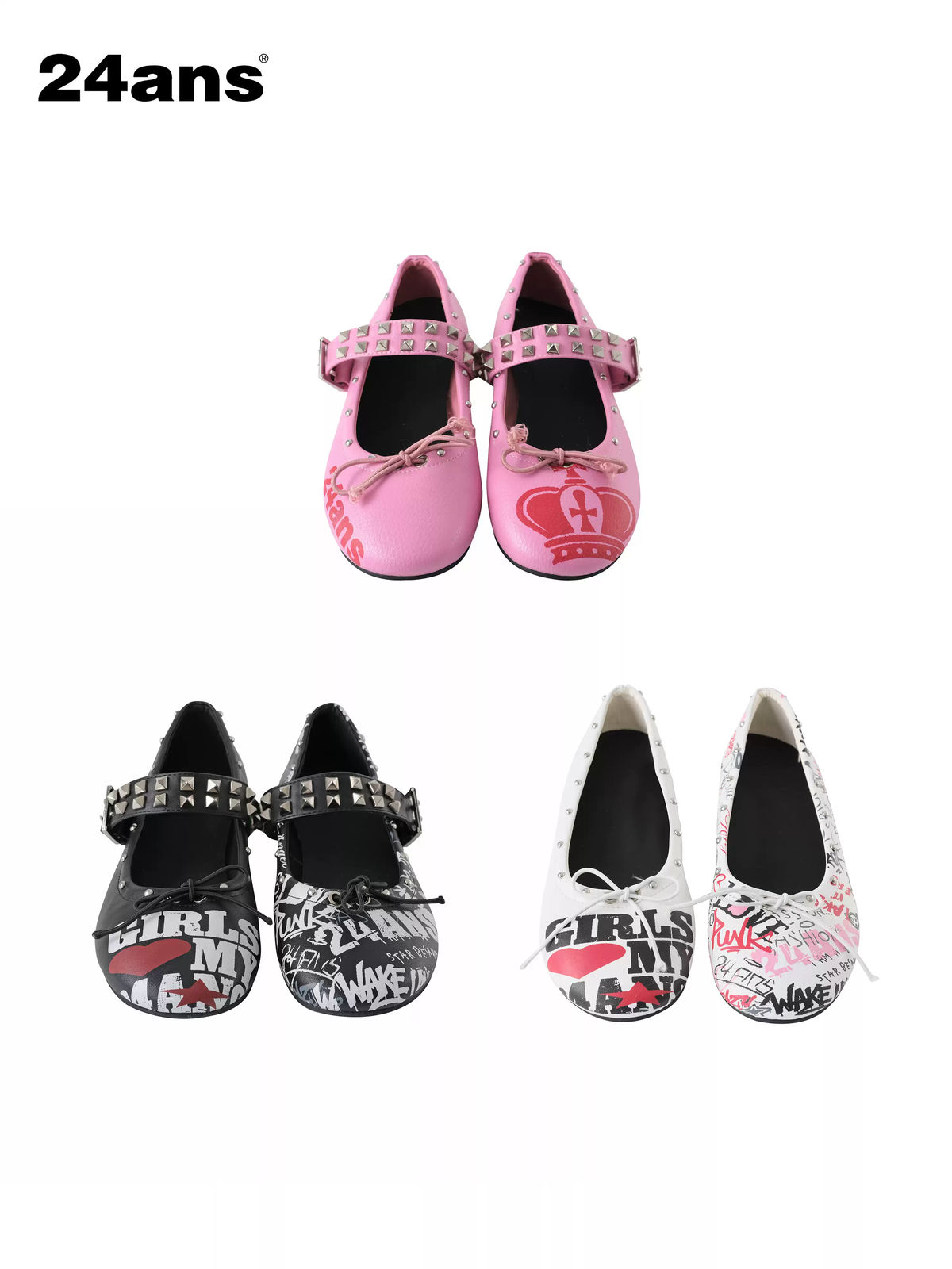 24ANS STUDDED GRAFFITI MARY JANE BALLET FLATS