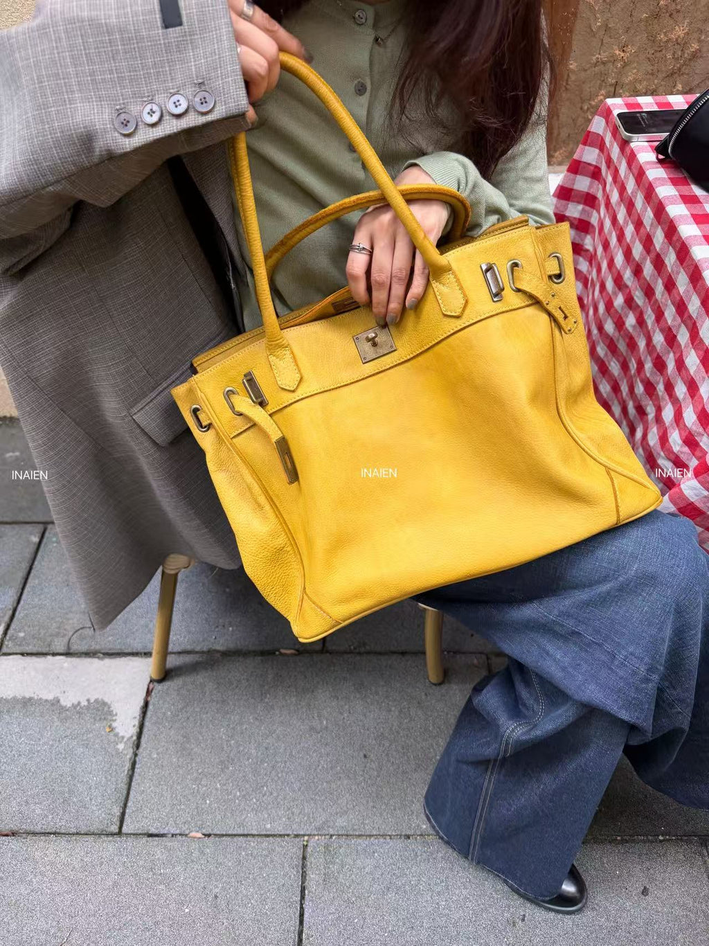 Yellow Water-Dyed Calfskin Vintage Firkin Tote Bag