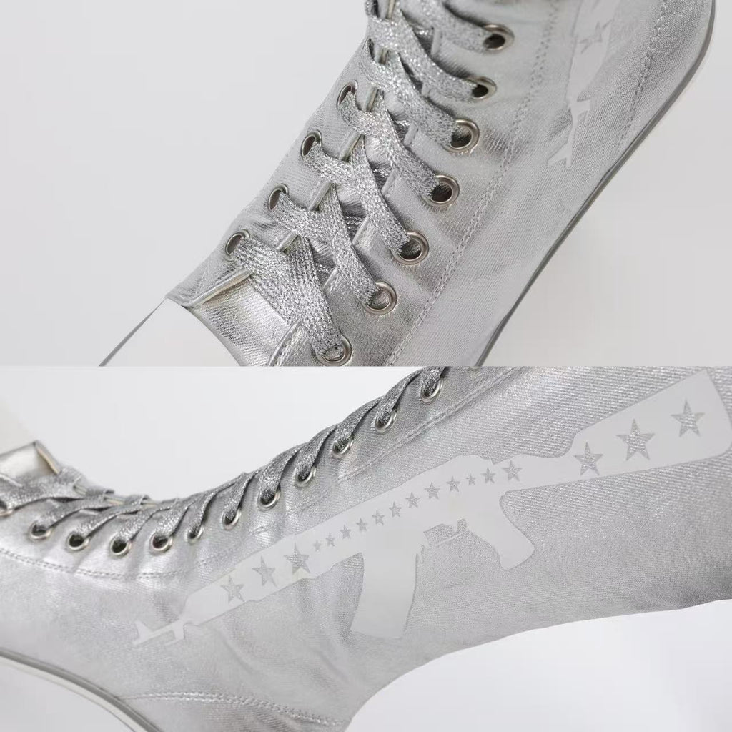 Ooops333 Y2K Studded Glitter Canvas High Top Heels | Metallic Lace-Up Platform Boots