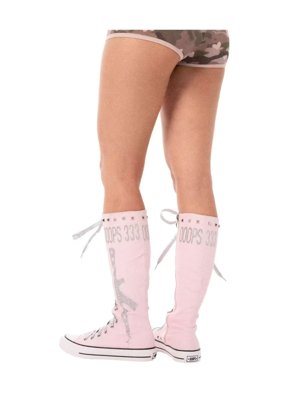 Ooops333 Studded Glitter Canvas Knee-High Lace-Up Boots