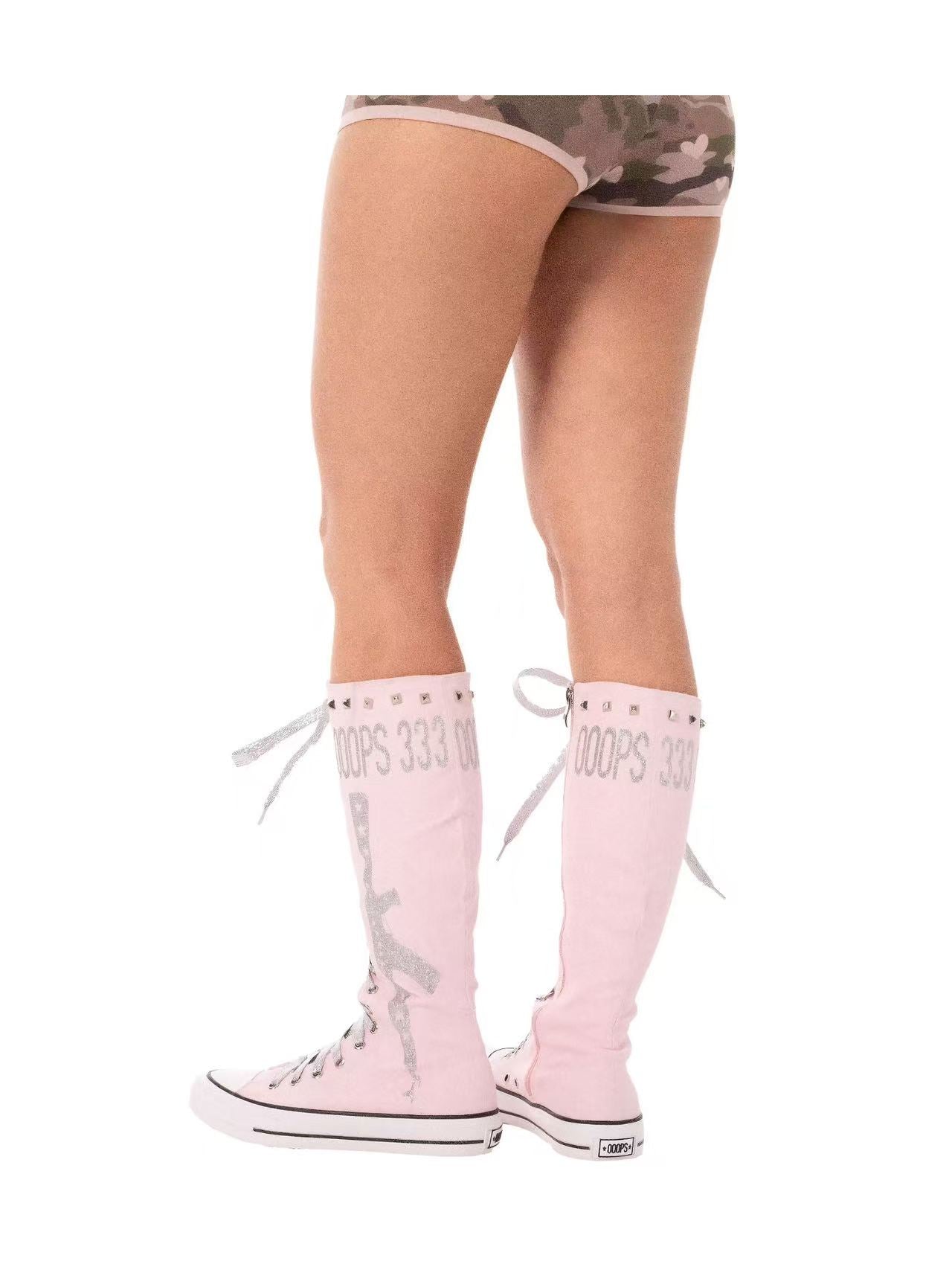 Ooops333 Studded Glitter Canvas Knee-High Lace-Up Boots