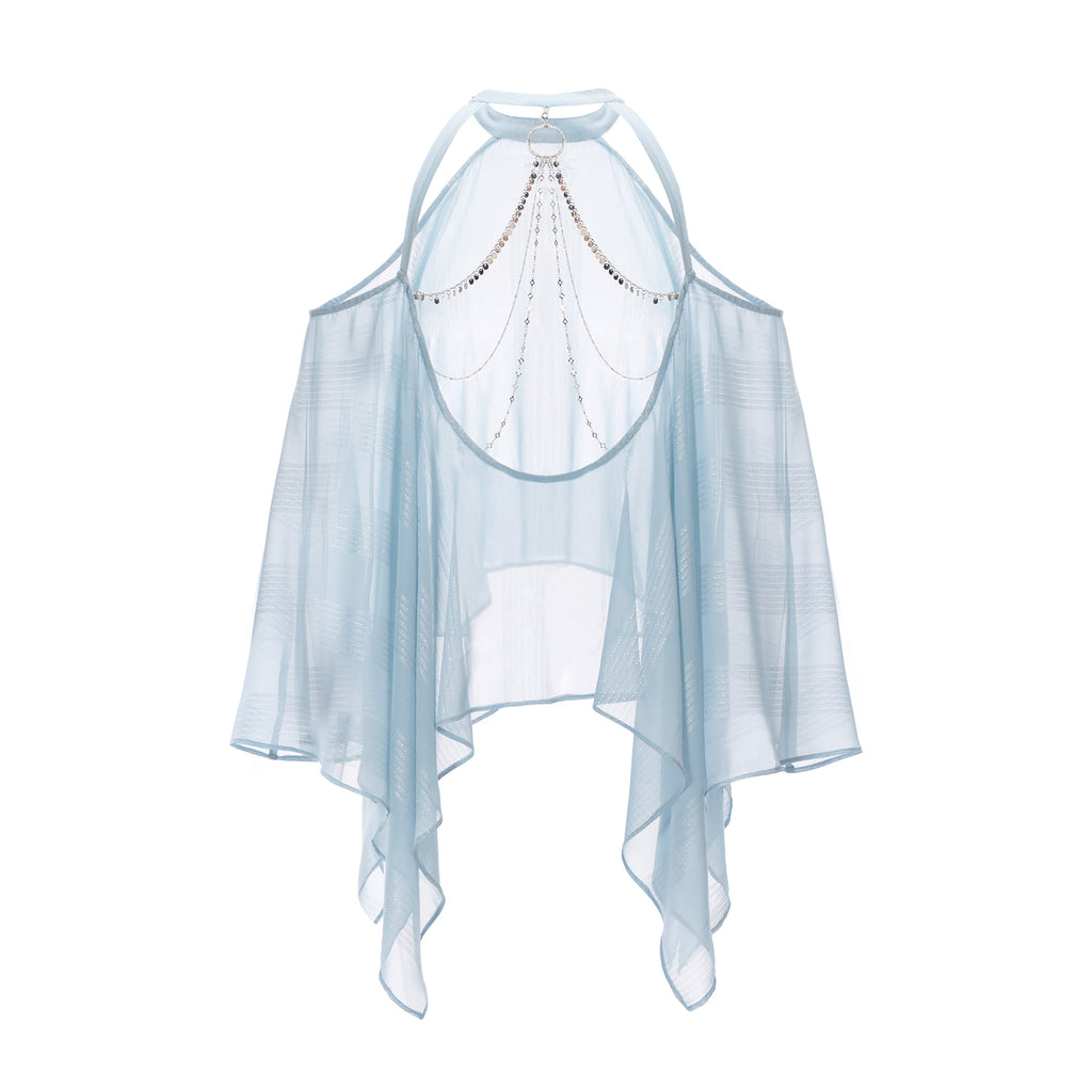 Ice Blue Off-Shoulder Silver-Thread Chiffon Blouse with Chain Detail and Ruffled Sleeves