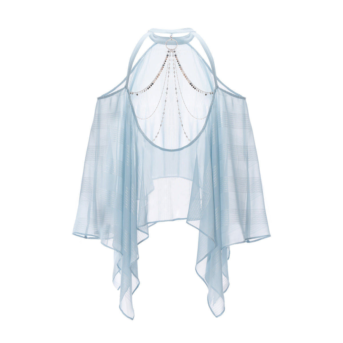 Ice Blue Off-Shoulder Silver-Thread Chiffon Blouse with Chain Detail and Ruffled Sleeves