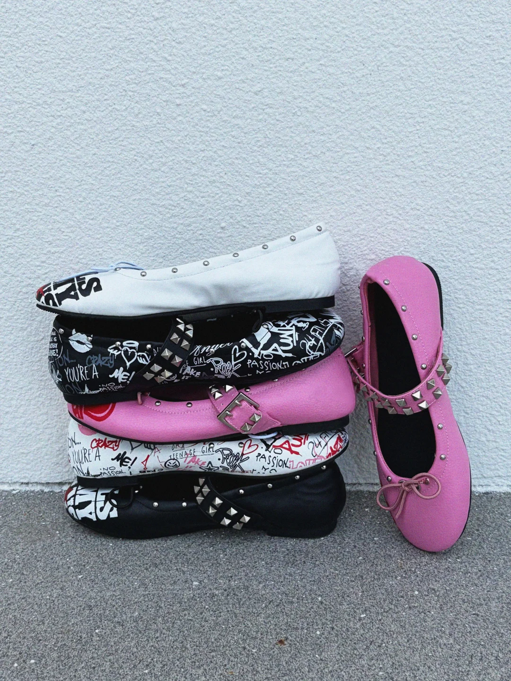 24ANS STUDDED GRAFFITI MARY JANE BALLET FLATS