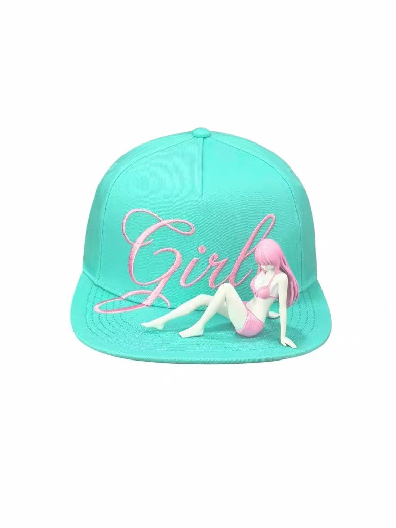 Girl 3D Embroidered Mint Green Flat Brim Cap