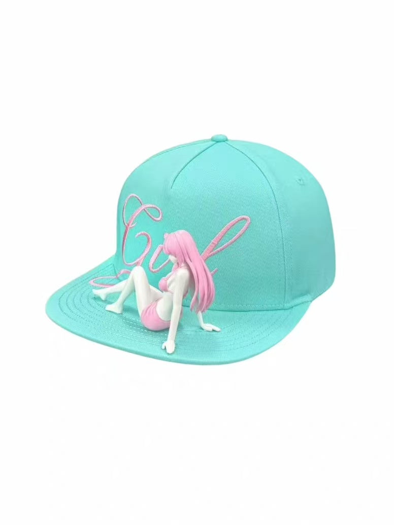 Girl 3D Embroidered Mint Green Flat Brim Cap