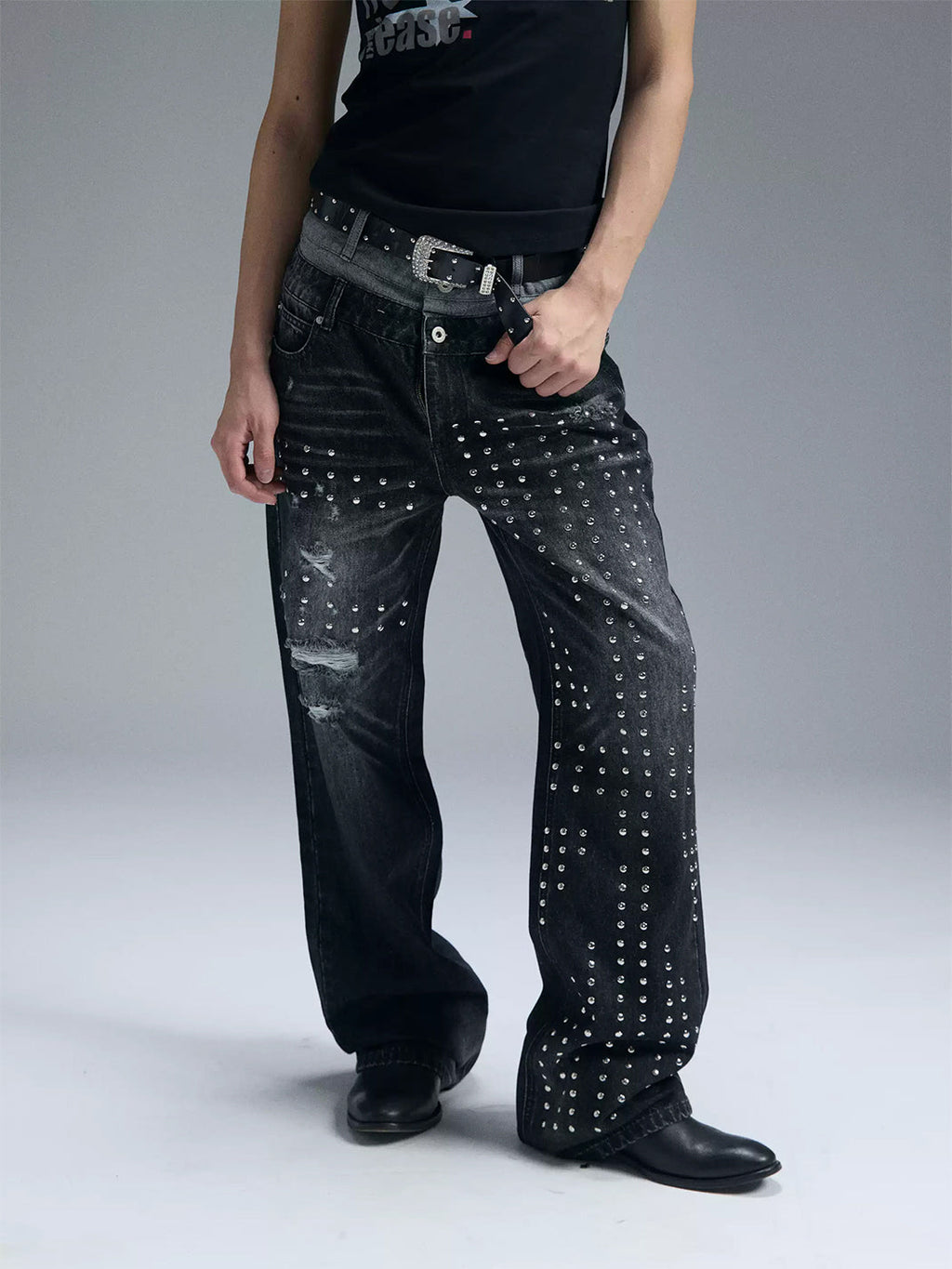 PAIKI Union Jack Rivet Rhinestone Double Waist Ripped Jeans