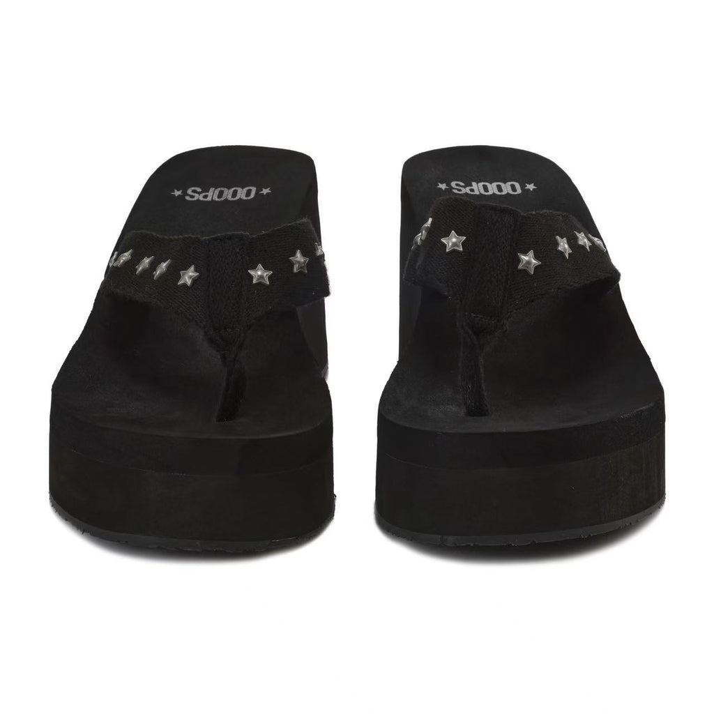 Ooops333 Y2K Star & Hibiscus Charm Platform Sandals | Retro Wedge Flip Flops