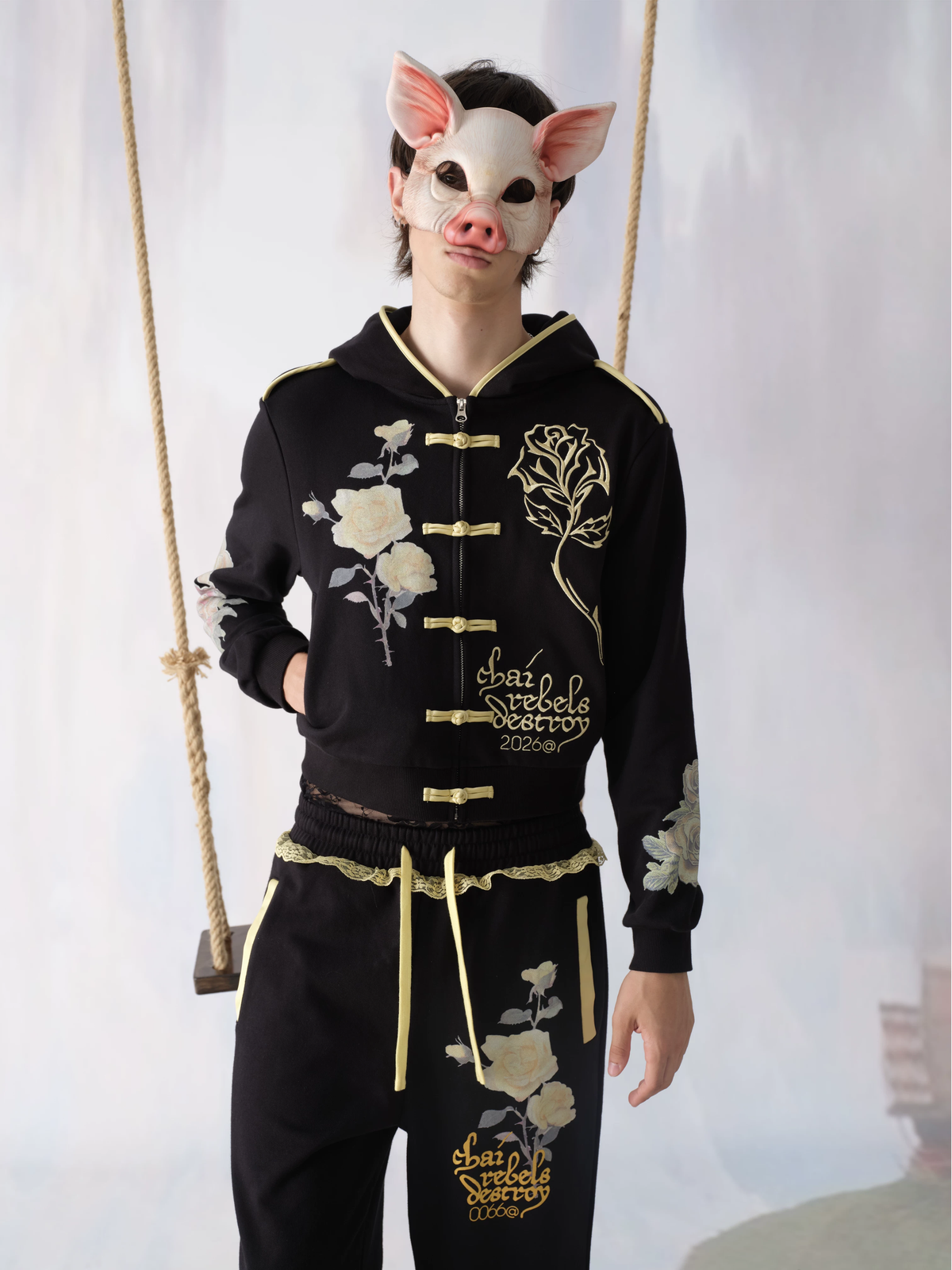 Black Floral Embroidered Zip Hoodie – "Chai Rebels Destroy" Graphic