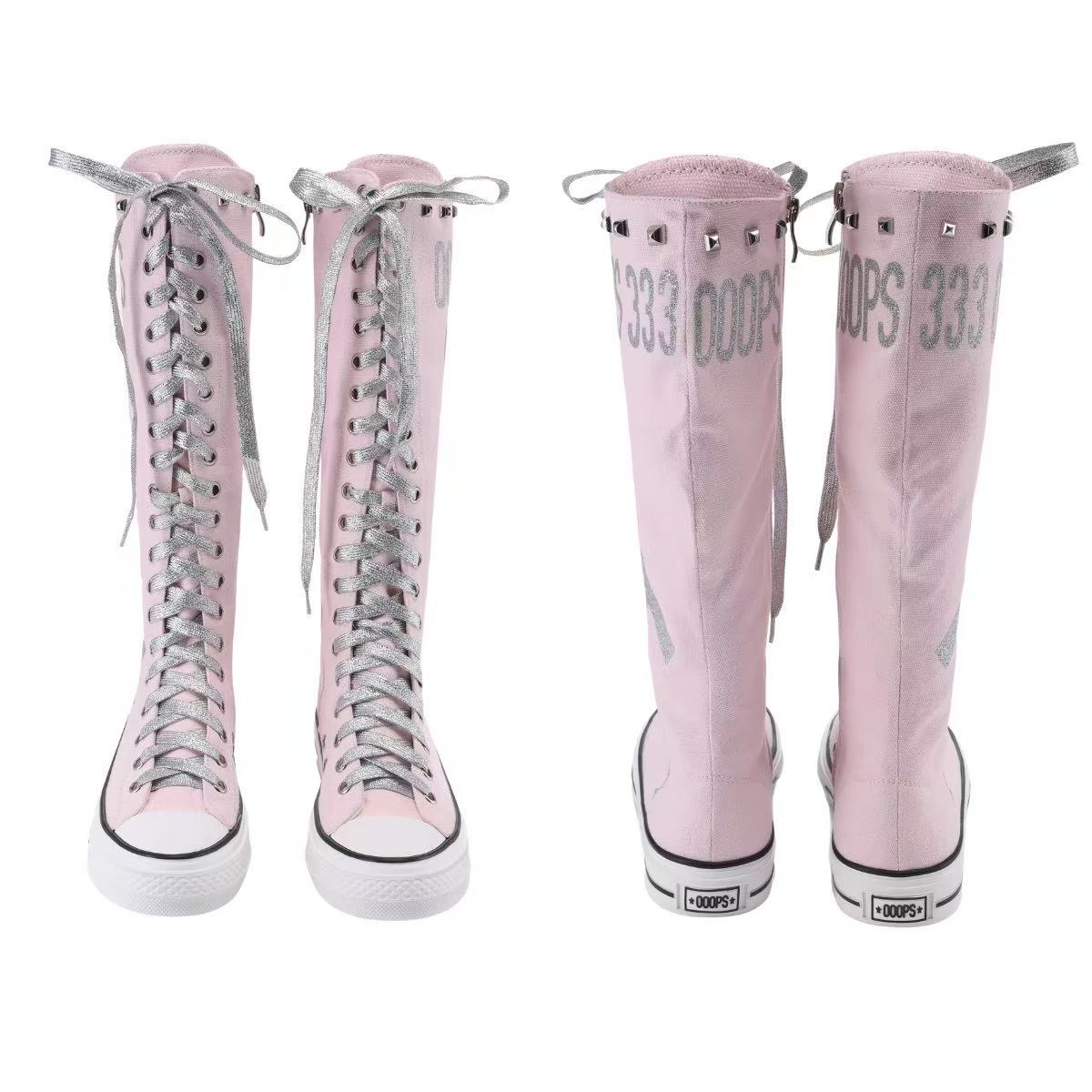 Ooops333 Studded Glitter Canvas Knee-High Lace-Up Boots