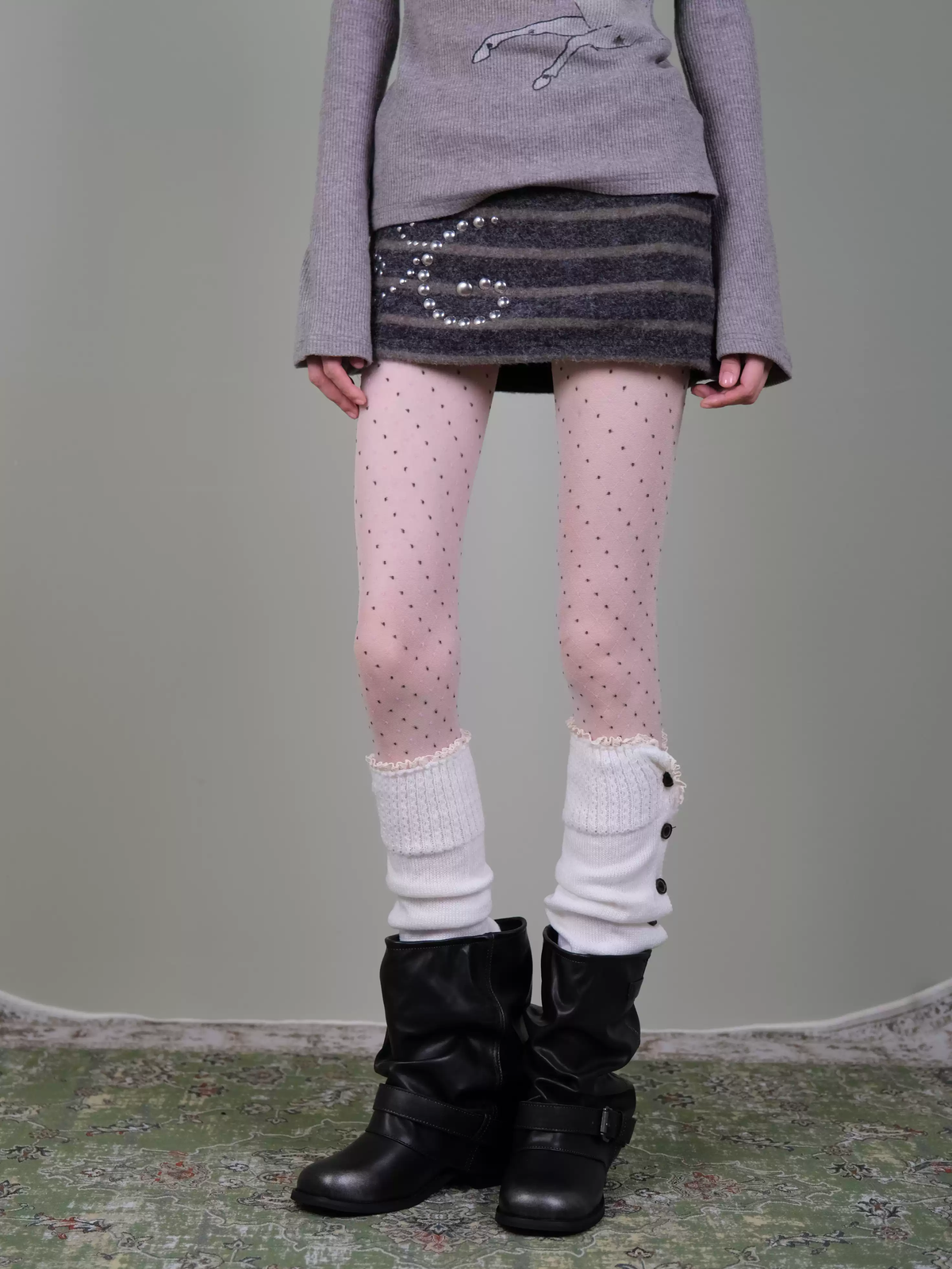 Polka Dot Tights & White Leg Warmers Set - Vintage Coquette Art School Style