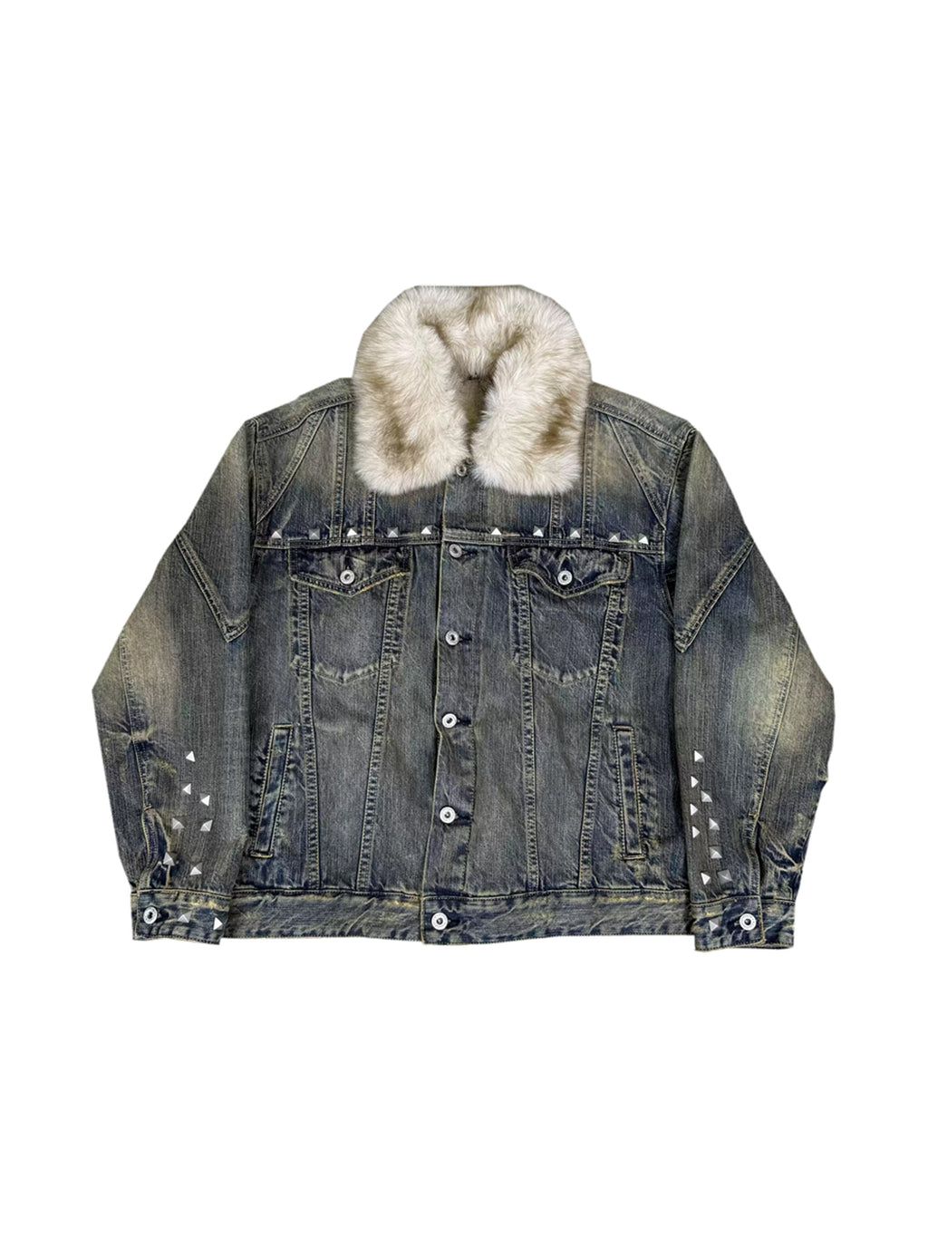 CHAI Studded Washed Denim Jacket With Detachable Fur Collar